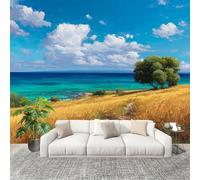 Générique Imperméable,Inodore intérieure Papier Peint 350x256 cm Bord De Mer Prairie Paysage Amovible Fresque Murale décorer Papier Peint Photo Bleu Clair Pour Meuble Salon Salle Bain Chambre Armoire