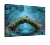 Générique Impression Sur Toile 100 x 70 cm Bleu Nature Forêt Tableau Decoration Murale, Jungle Plantes Champignons pour Salon, Chambre, Bureau, Entrée