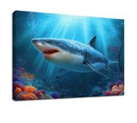 Générique Impression Sur Toile Animal Affiche Peinture, Tableau Decoration Murale avec Bleu Requin Océan Corail, pour Chambre, Salon, Cuisine Intérieure Décor 120 x 80 cm