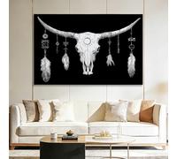 Générique Impression sur Toile avec Cadre Crâne de taureau à longues cornes plumes 120x80cm Tableau Décoration Murale Modern, Image Art Grand Tableaux Décoratifs pour Salon Chambre Salle de Bain