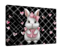 Générique Impression sur Toile avec Cadre Dessin Animé - Tableau Peinture 90 x 60 cm Noir Animaux Lapin Cœur Grille - Tableau Affiche Décoration Murale pour Salon, Chambre, Salle de Bain & Bureau