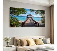 Générique Impression sur Toile Decoration Murale Peinture 140 x 70 cm Style Côtier Méditerranée - Tableaux Decoratifs Muraux Déco Chambre Tableau Salon, Plage Océan Pavillon Arbres, Bleu