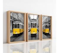 Générique Impression sur Toile Decoration Murale Peinture A2 | 42 x 59.4 cm (x3) Tableaux Art Décoratif Muraux Décoration per Salon Chambre (Vintage Tramway Rue De Ville Nostalgique, Jaune Tournesol)