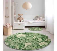 Générique Impression Tapis Rond Vert, William Morris Plante Feuilles Fleurs Motif Interieur Anti Slip Tapis Lavable en Machine pour Cuisine Entrée Salon Couloir Chambre - 90 x 90 cm