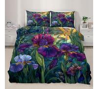Générique Iris Fleurs Lingerie de lit 180x220 cm,Verre d'art Floral Vibrant 1 Couette en Microfibre avec Fermeture Éclair 2 Taies d'oreiller (65x65 cm)