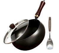 Générique Japanese Cast Iron Wok Pan, Non-stick Carbon Steel Wok Pan, Uncoated JapaneseWok, for for All Stoves (Wooden Lid,11.02in)