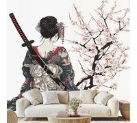 Générique Japanische Schönheit Tapeten Vliestapete Samurai Schwert Vliestapete Rosa Blumen Wandtapete für Küche Badezimmer Flur 368 x 254 cm 3D Effekt Klebetapete