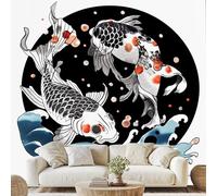 Générique Japonais Ukiyo-E Carpe Marine Vague Papier Adhesif Dessiné À La Main Carpe Point Mural Poisson Animal Papier Peint 3D Effet 200x150 cm pour Salle de Bain Salon Chambre