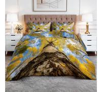 Générique Jaune Couette 4 Saisons 240 x 260 cm Parure Tout-en-Un avec 2 Taies d’Oreiller - Couette Intégrée en Microfibre Respirante - Impression 3D & Matelassage Losanges - Nature Forêt Automne