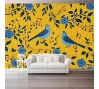 Générique Jaune Décoration Murale Notes De Musique Oiseaux Fleurs,Papier Peint Mural Intissé Design pour Salon & Chambre à Coucher - Photo Murale Grand Format pour Bureau & Mur TV 150 x 105 cm（WxH