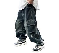Générique Jean Baggy Enfant Garçon Fille Y2K Pantalon Cargo Rétro Style en avec Taille Élastique Jeans Garcon Bleu Marine Le Printemps Et L'Automne Années 90 Hip Hop Streetwear (Le Noir,9-10 Ans)
