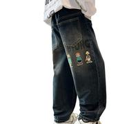 Générique Jean Baggy Garcon,Jeans Pantalons Denim Jeans Décontracté Denims Cordon Poignets Pantalon en Garcon Années 90 Hip Hop Streetwear Classique À Coupe Droite Garçon (Bleu foncé,9-10 Ans)