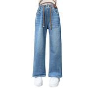 Générique Jean Baggy pour Ado Fille Taille Élastique avec des plaques en Cuir Jambes Larges Pantalons en Denim avec Poche Streetwear Pantalon Fluide Printemps Été Pantalons Droits Bleu 7 Ans 8 Ans