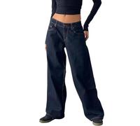 Générique Jean Baggy Taille Basse pour Femme Y2k Pantalon Palazzo en Denim Taille Moyenne Coupe Droite Jambes Larges avec Poches Couleur Unie Délavé Vintage Classique des Années 90 (Bleu-Noir,TP)