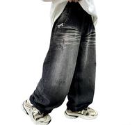 Générique Jean Cargo Baggy pour Garçons - Jambe Large - Pantalon Cargo Noir Décontracté Ample Taille Haute - Tendance - Streetwear Hip Hop - Jeans pour Enfants - Pantalon d'École (Black, 11-12 Years)