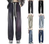 Générique Jean Droit Femme Taille Elastique, Jean Baggy Y2K Streetwear, Pantalon Cordon De Serrage Slacks Décontracté Polyvalent Coupe Denim Couleur Unie Délavé Trouser avec Poches Pantalon S-3Xl