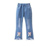 Générique Jean évasé brodé pour Fille avec nœud perlé Coupe Confortable et élastique Design Tendance et Pratique pour école ou Sortie (Blue, 2-3 Years)