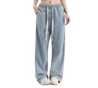 Générique Jean Femme Élastique Taille Haute avec Cordon Pantalon Jambes Larges Vintage Baggy Pantalon en Denim Droit Décontracté Ample Et Confortable Printemps et été (BU1, XXXL)