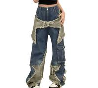 Générique Jean Femme Grande Taille - Jean Large Femme Jeans Longs et décontractés pour Femmes Amples décolorés Bord en détresse étoiles (Blue S)