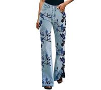 Générique Jean Femme Taille Haute Coupe Droite Semi-evasé Jeans Large Taille Elastique imprimé Floral Hanche Pantalon Patte d'elephant Femme Fleur en Denim Pants Baggy Coupe Boyfriend Tendance 2024
