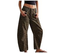 Générique Jean Leopard Femme Jambe Large Pantacourt Jeans Baggy Taille Basse Coupe Droite Vintage Pantalon Leopard Femme Large décontracté Jean Wide Leg Cropped Denim Barrel à la Mode Pants