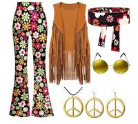 Générique Jean Taille Haute Ample Vêtements rétro de fête pour femmes, des années 70, gilet à pompon, pantalon, d'oreilles, lunettes, collier, ensemble Six pièces Carte Monnaie Petit (Black, XXL)