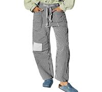 Générique Jean Taille Moyenne pour Femme, Coupe Ample Jambe Large, Tendance rayé Patchwork avec Cordon de Serrage et Poches, Parfait pour Un Look décontracté Urbain au Quotidien (Black, M)