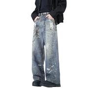 Générique Jeans Amples pour Hommes à Coupe Large avec chaîne imprimée et Style High Street Tendance
