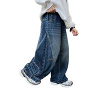 Générique Jeans Baggy - Jean Droit - Élastique - avec Taille Extensible - Pantalon en Denim - Coupe Ample - Décontracté - Jambes Larges - Loisirs Pantalon Cargo pour Garçon (Blue, 8-9 Years)