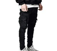 Générique Jeans Breaking Hole Side Pocket pour Hommes Pantalon Slim Stretch zippé Pantalon en Jean décontracté serré à Fourche (Noir 1,XL)