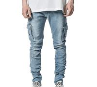 Générique Jeans Breaking Hole Side Pocket pour Hommes Pantalon Slim Stretch zippé Pantalon en Jean décontracté serré à Fourche (Bleu Clair,XL)