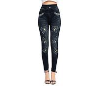 Générique Jeggings Femme, Leggings Imitation Jean Slim Taille Haute, Collant Extensible Avec Ceinture Elastiquée, Pantalon de Crayon