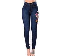 Générique JIER Femme Jeans Taille Haute Motif Fleurs de Roses avec Strass Pantalons Elasticité Slim Pantalon Crayon Push Up Hanche (Blue,XL,XL)