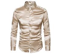 Générique JIER Hommes De Luxe Brillant Soie comme Satin à Manches Longues Chemises Habillées pour Fête Disco Bal Surface Brillante Costume De Bal (Kaki,XL,XL)