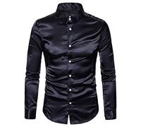 Générique JIER Hommes De Luxe Brillant Soie comme Satin à Manches Longues Chemises Habillées pour Fête Disco Bal Surface Brillante Costume De Bal (Le Noir,M,M)