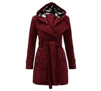 Générique JIER Pea Coat Double Pincement Manteau Trench d'hiver mi-Long avec Ceinture Manteau Thermique de Protection Contre Le Froid à Capuche pour Femmes (Rouge vin,L)
