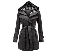 Générique JIER Pea Coat Double Pincement Manteau Trench d'hiver mi-Long avec Ceinture Manteau Thermique de Protection Contre Le Froid à Capuche pour Femmes (Gris foncé,L)