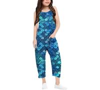 Générique Jogging Fille Combinaison décontractée à Bretelles en V imprimée en écailles de Poisson pour Fille,Couleur Unie,Ample,décontractée,avec Poche(Blue,13-14ans)