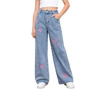 Générique Jogging Fille Jean brodé de Fleurs pour Filles,Taille Haute,Jambes Droites,Pantalon décontracté,Coupe Ample,Confortable,Style