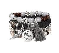 Générique Jonc Bracelet Bracelet Bracelet Femmes Bijoux multicouches de perles Bracelets extensibles à 4 brins Bracelets bohèmes Mm Naturelle Bracelet Bijoux (Grey, One Size)