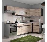 Générique JUNONA Cuisine d'angle Complete mélaminée L 3m40 avec LED - Décor Sonoma Bande décor wengé