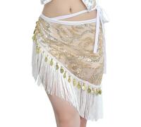 Générique Jupe A Paillette Femme,Jupe De Danse Orientale à Franges Et Sequins avec ChaîNe De Hanches pour La RéPéTition Et Les Spectacles (White One Size)
