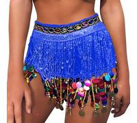 Générique Jupe Boho à Franges avec Pompons Pailletés et Écharpe Hanche pour Danse du Ventre Fêtes Femmes Filles (Blue, One Size)
