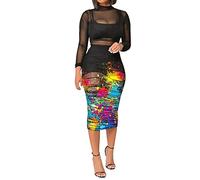 Générique Jupe DéContractéE Femmes 3PCS Crop Top Jupe Courte Ensemble avec Imprimé Tropical Sheer Mesh Bodycon Long Dress