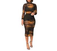 Générique Jupe DéContractéE Femmes 3PCS Crop Top Jupe Courte Ensemble avec Imprimé Tropical Sheer Mesh Bodycon Long Dress