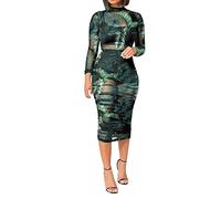 Générique Jupe DéContractéE Femmes 3PCS Crop Top Jupe Courte Ensemble avec Imprimé Tropical Sheer Mesh Bodycon Long Dress