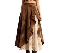 Générique Jupe Longue en suédine et Dentelle Patchwork avec Volants irréguliers Jupe Maxi Ample Style Western en Faux Daim pour Femme