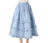 Générique Jupe Longue Grande Fille Été Nouveau Modèle 2026 Champêtre À Étages Carreaux Ceinture Élastique Confortable Design 5-12Y(Sky Blue, 10-11 Years)