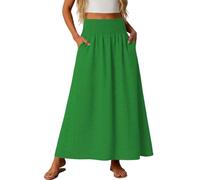 Générique Jupe Maxi Femme Broderie Œillets Taille Haute Élastique Smockée Poches Latérales Fluide A-Ligne Été Décontractée