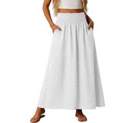 Générique Jupe Maxi Femme Broderie Œillets Taille Haute Élastique Smockée Poches Latérales Fluide A-Ligne Été Décontractée